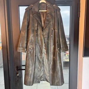 Dark Olive/ Brown Faux Leather Trench Coat